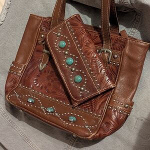 American West Tooled Leather Shoulder Bag + Wallet Set